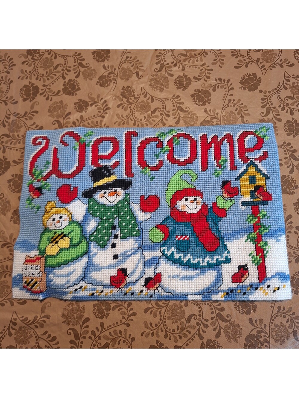 Snowman "Welcome" Finished Wall Hanging Plastic Canvas Kit Needlepoint 11.5X17.5